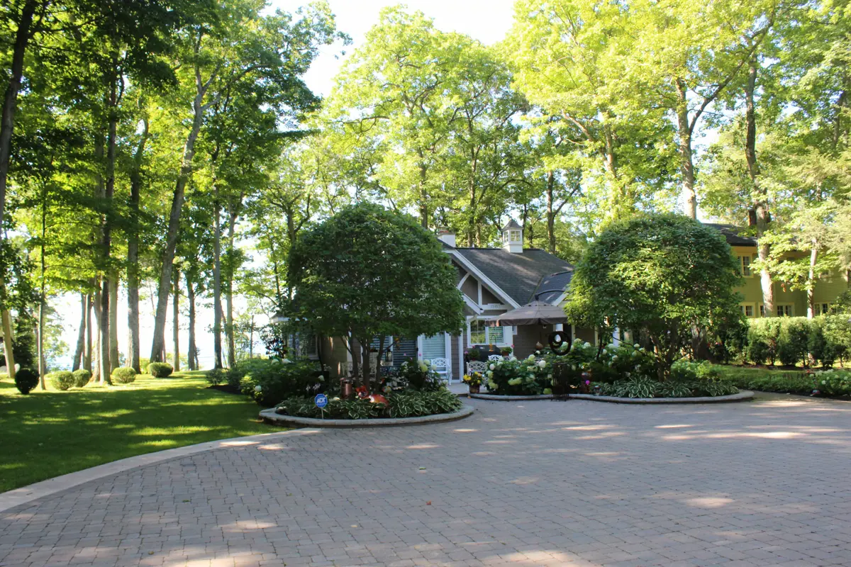 House with paver driveway surrounded by mature trees
